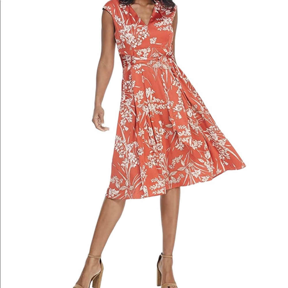 London Times Terracotta Vintage Palms Floral Fit and Flare Dress 14